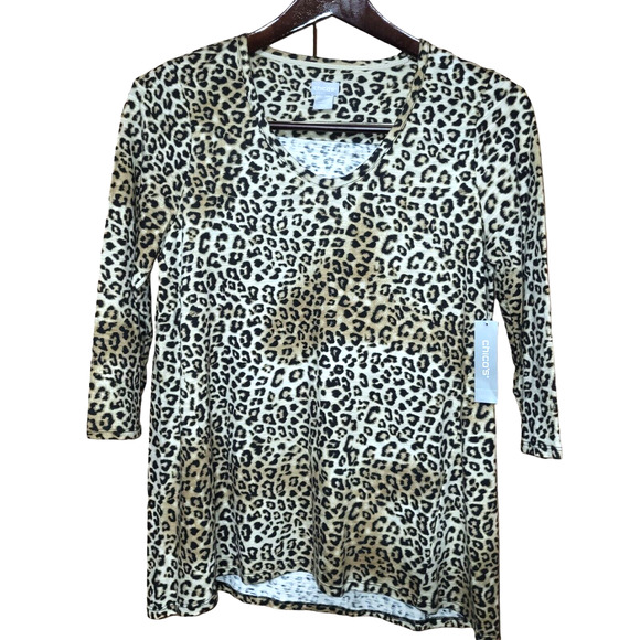 Chico’s Womens Size 1 M/8 Leopard Print Hi Lo 3 Quarter Sleeve Basic Knit - Picture 1 of 12